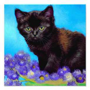 Van Gogh Cat och Flowers Fototryck
