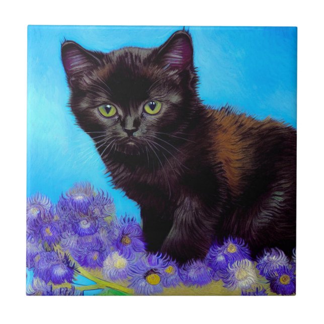 Van Gogh Cat och Flowers Kakelplatta (Framsidan)