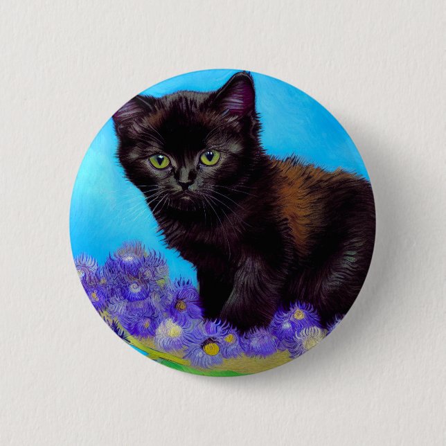 Van Gogh Cat och Flowers Knapp (Framsida)