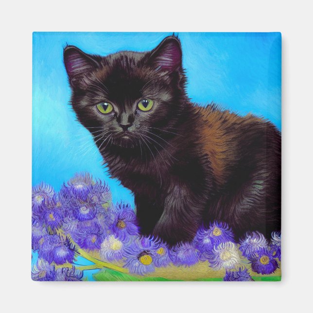 Van Gogh Cat och Flowers Magnet (Framsidan)