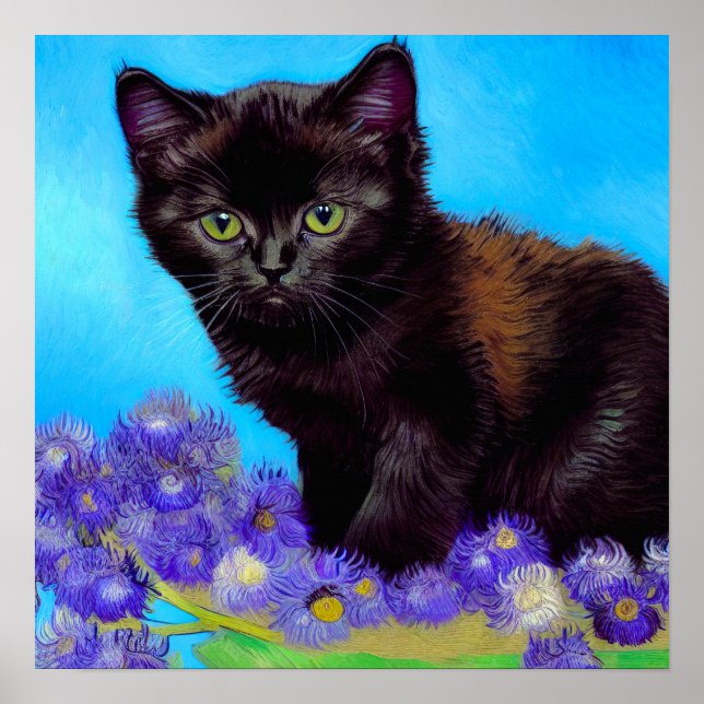 Van Gogh Cat och Flowers Poster (Framsidan)