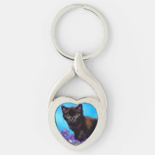 Van Gogh Cat och Flowers Twisted Heart Silverfärgad Nyckelring