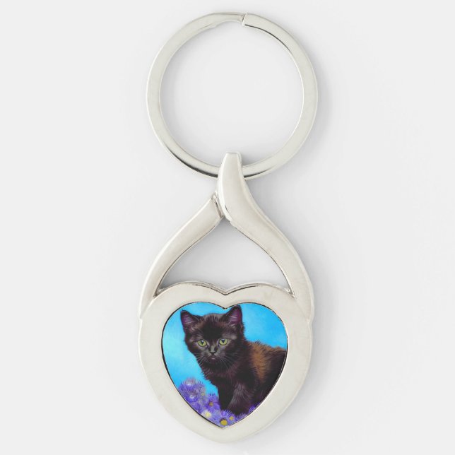 Van Gogh Cat och Flowers Twisted Heart Silverfärgad Nyckelring (Framsidan)