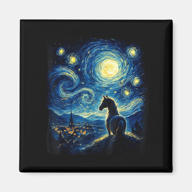 Van Gogh Cowgirl Horse Starry Funny Night Horses L Magnet (Framsidan)