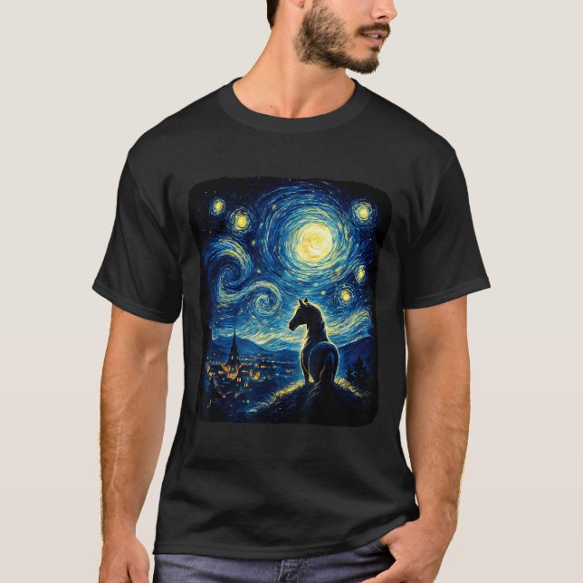 Van Gogh Cowgirl Horse Starry Funny Night Horses L T Shirt (Framsida)
