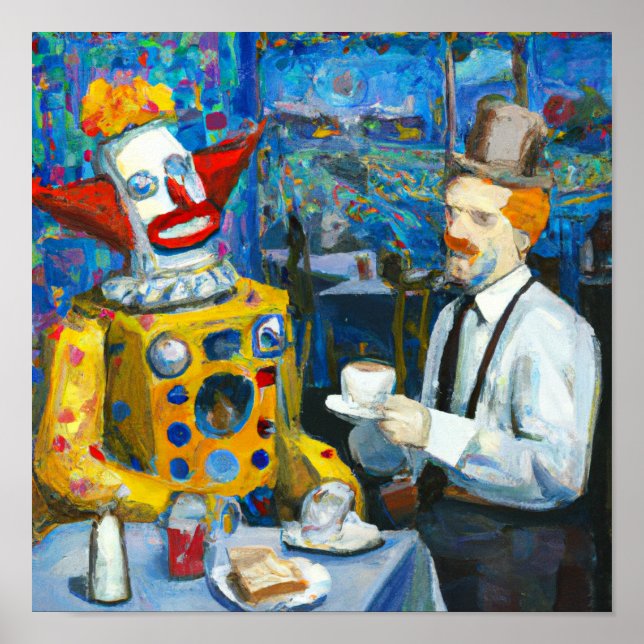Van Gogh dricker kaffe med en clown robot Poster (Framsidan)
