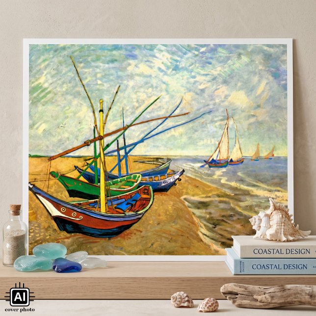 Van Gogh Fiskebåtar på stranden vid Saintes Maries Poster (Fishing Boats on the Beach at Saintes Maries by Vincent van Gogh is vintage post impressionism art.)