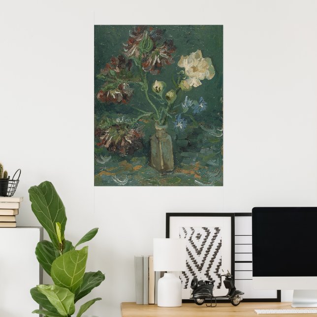 Van Gogh Flaska med Peonies och Blue Delphiniums Poster (Hemmakontoret)