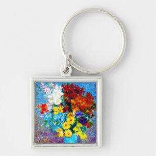 Van Gogh Flowers i Blå Vas Fyrkantig Silverfärgad Nyckelring