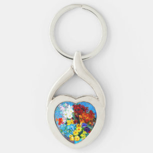 Van Gogh Flowers i Blå Vas Twisted Heart Silverfärgad Nyckelring