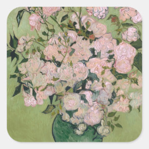 Van Gogh för rosa ros (F682) konst Fyrkantigt Klistermärke