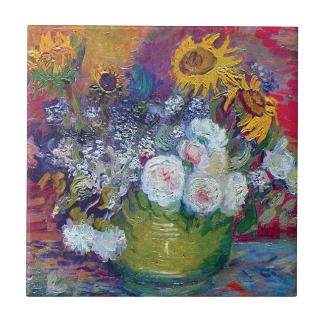 Van Gogh - fortfarande liv med Ro och solblommor Kakelplatta (Framsidan)