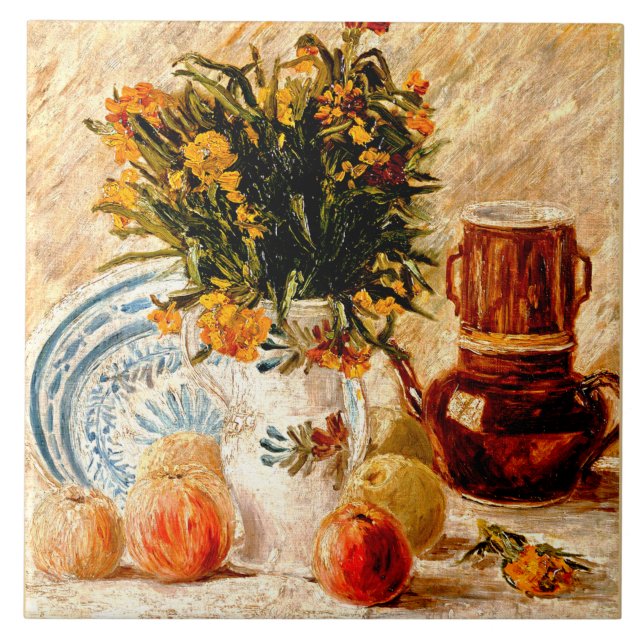 Van Gogh - Fortfarande med kaffepotsar och blommor Kakelplatta (Framsidan)