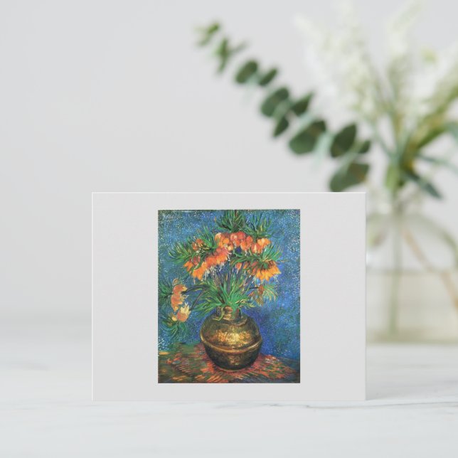 Van Gogh Fritillaries i en koppar Vas Helg Vykort (Stående Fram)