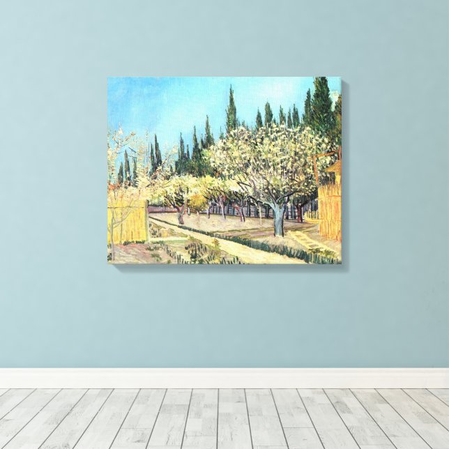 Van Gogh Fruktträdgården i blom, kantad av cypress Canvastryck (Insitu (trägolv))