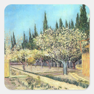 Van Gogh Fruktträdgården i blom, kantad av cypress Fyrkantigt Klistermärke
