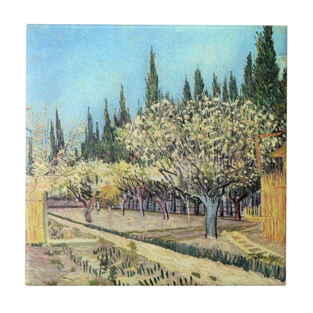 Van Gogh Fruktträdgården i blom, kantad av cypress Kakelplatta (Framsidan)
