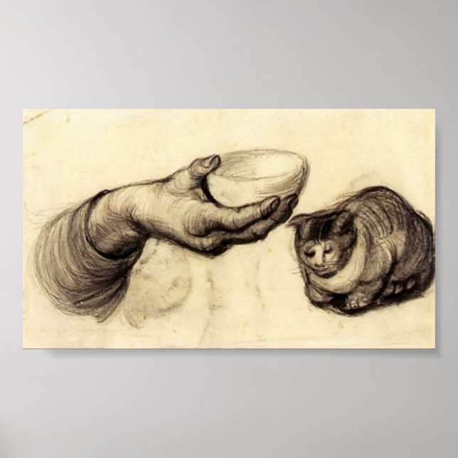 Van Gogh - Hand med Bowl och en katt Poster (Framsidan)