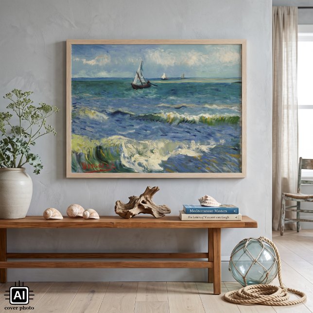 Van Gogh havslandskap vid Saintes Maries de la Mer Poster (Seascape at Saintes Maries de la Mer by Vincent van Gogh is a vintage post impressionism painting.)