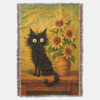 Van Gogh Inspired Black Cat & Sunblommor Artistic Filt
