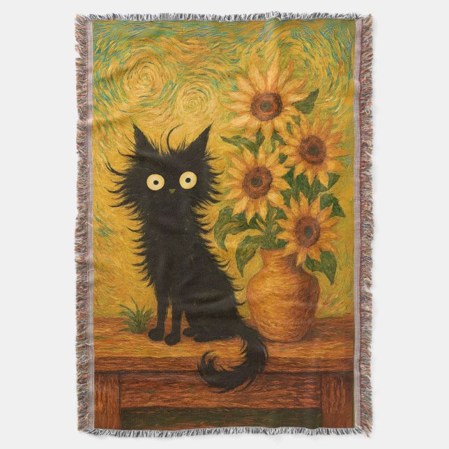 Van Gogh Inspired Black Cat & Sunblommor Artistic Filt (Framsidan Vertikal)