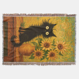 Van Gogh Inspired Black Cat & Sunblommor Artistic Filt