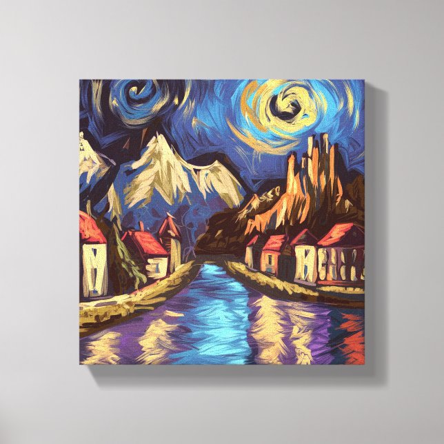 Van Gogh Inspired Night Himmel Mountain Village La Canvastryck (Framsida)