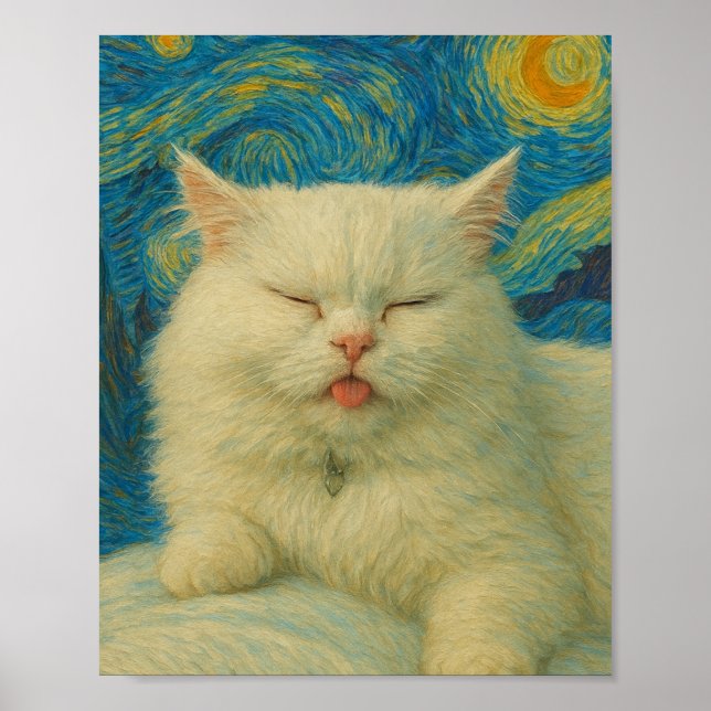 Van Gogh-inspirerad kattkonst – Vit katt under stj Poster (Framsidan)