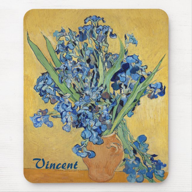 Van Gogh Irises Vas Blue Blommigt Bouquet Fine Art Musmatta (Framsidan)