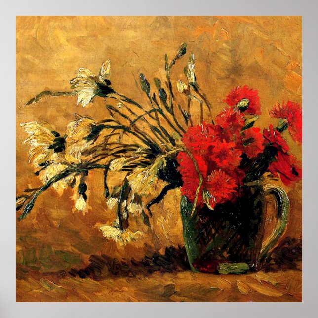 Van Gogh - Jug med röda och vita nejlikor Poster (Framsidan)