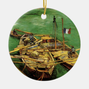Van Gogh kaj med män som lastar ur sandpråmar Julgransprydnad Keramik