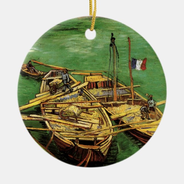 Van Gogh kaj med män som lastar ur sandpråmar Julgransprydnad Keramik (Framsidan)