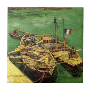Van Gogh Kaj med män som lastar ur sandpråmar Kakelplatta