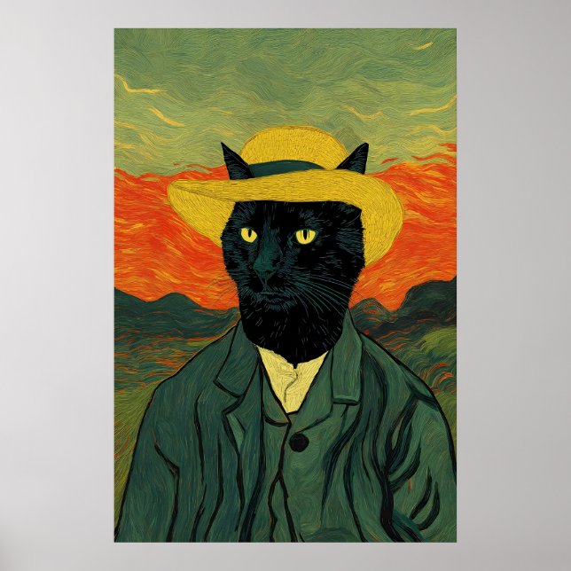 Van Gogh Katt Konsttryck Rolig Svart Katt Porträtt Poster (Framsidan)