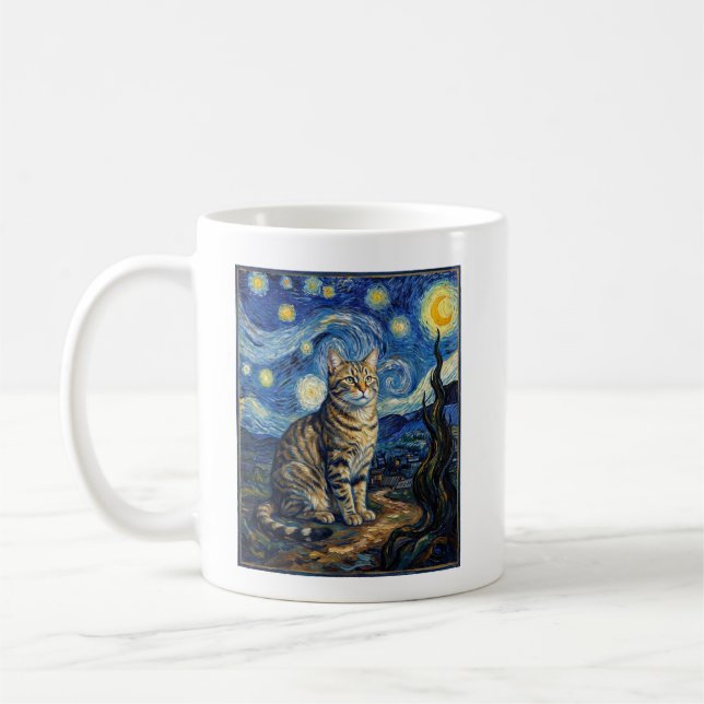 Van Gogh Katt Stjärnkväll Impressionistisk Konst Kaffemugg (Vänster)