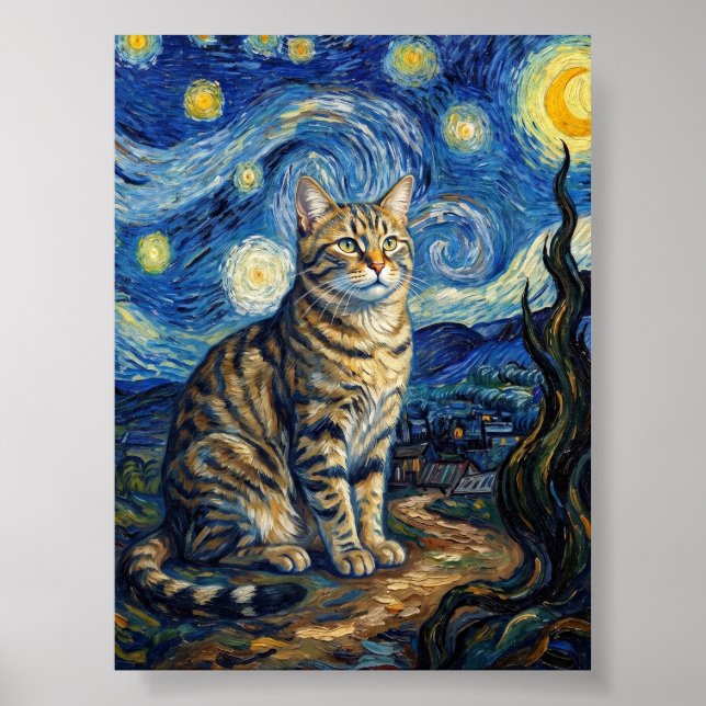 Van Gogh Katt Stjärnkväll Impressionistisk Konst Poster (Framsidan)