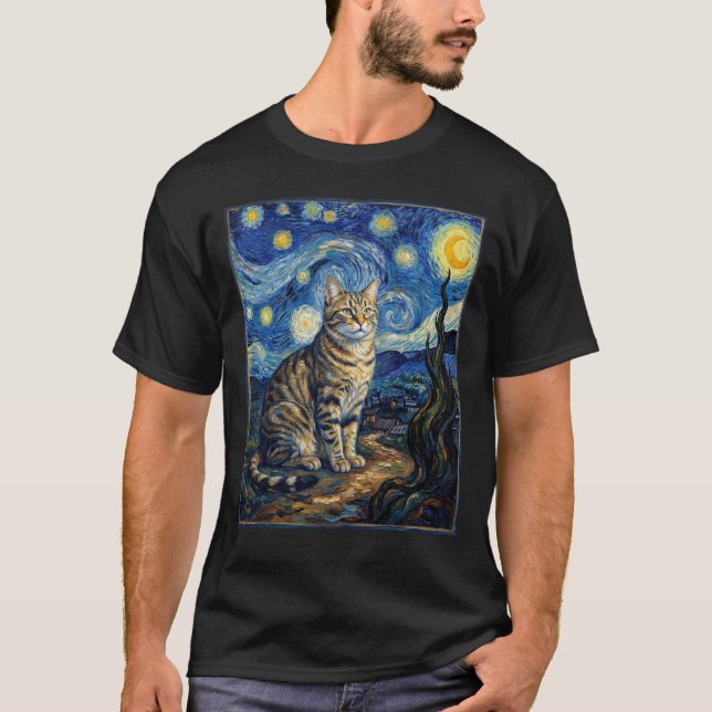 Van Gogh Katt Stjärnkväll Impressionistisk Konst T Shirt (Framsida)