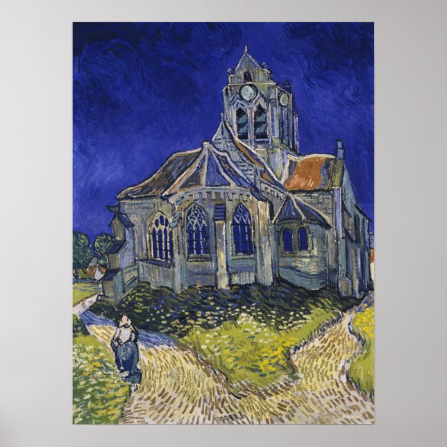 Van Gogh Kyrkan i Auvers blå himmel konst Poster (Framsidan)