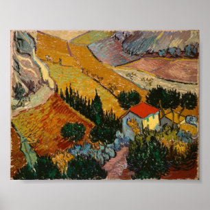 Van Gogh Landscape med House och Plowman Poster