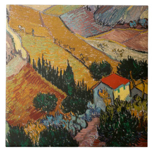 Van Gogh - Landskap med House och Plowman Kakelplatta