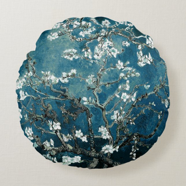 Van Gogh Mandelblom : Mörk Teal Rund Kudde (Framsidan)
