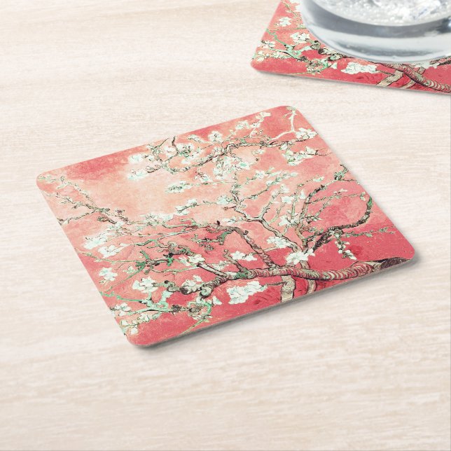 Van Gogh Mandelblommande Persika Underlägg Papper Kvadrat (Vinklad)