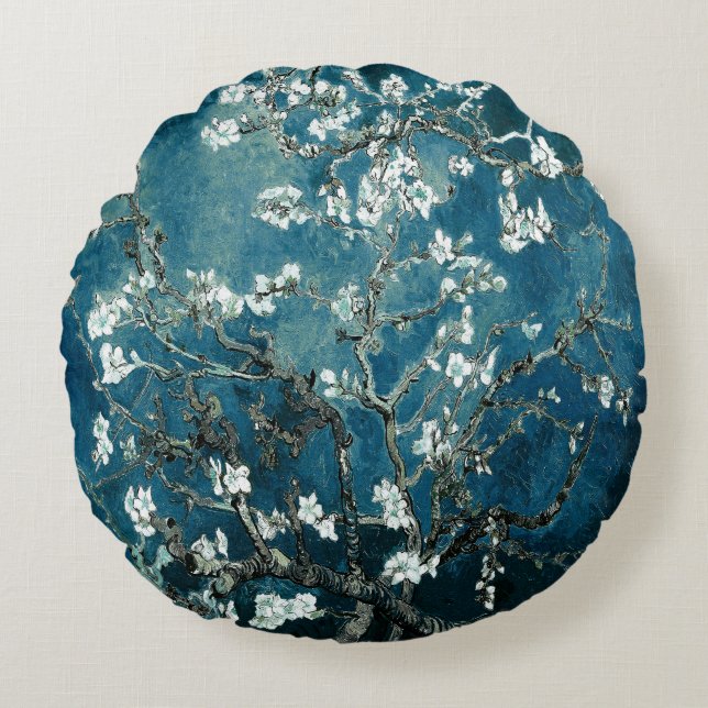Van Gogh Mandelblommor Mörk Teal Rund Kudde (Framsidan)