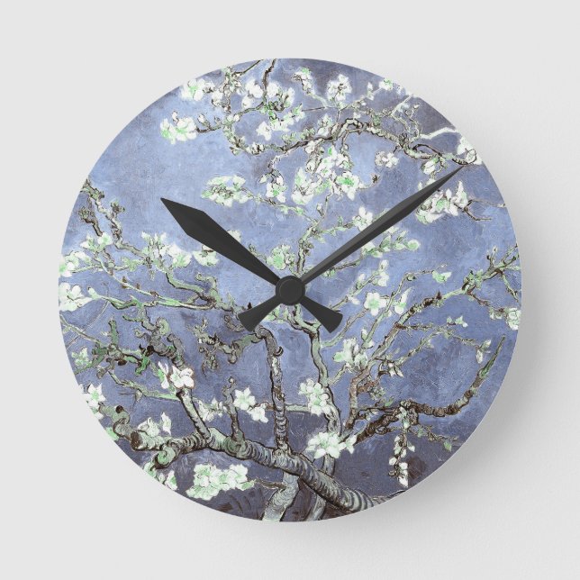 Van Gogh Mandelblommor Stålblå Rund Klocka (Framsida)