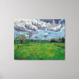 Van Gogh Meadow med blommor under Stormy Himlar Canvastryck