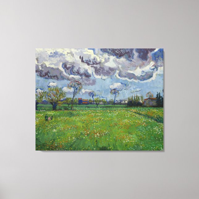 Van Gogh Meadow med blommor under Stormy Himlar Canvastryck (Framsida)