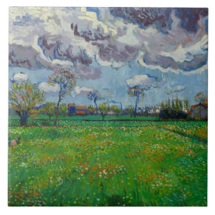 Van Gogh Meadow med blommor under Stormy Himlar Kakelplatta