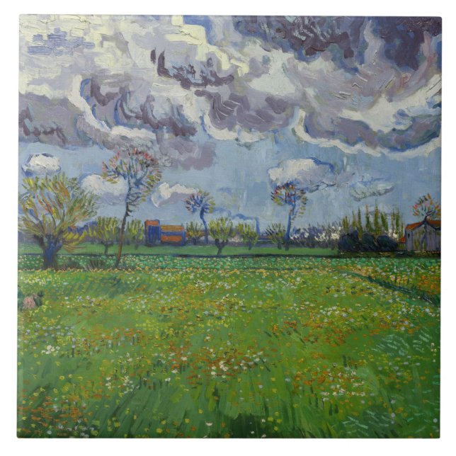 Van Gogh Meadow med blommor under Stormy Himlar Kakelplatta (Framsidan)