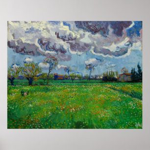 Van Gogh Meadow med blommor under Stormy Himlar Poster