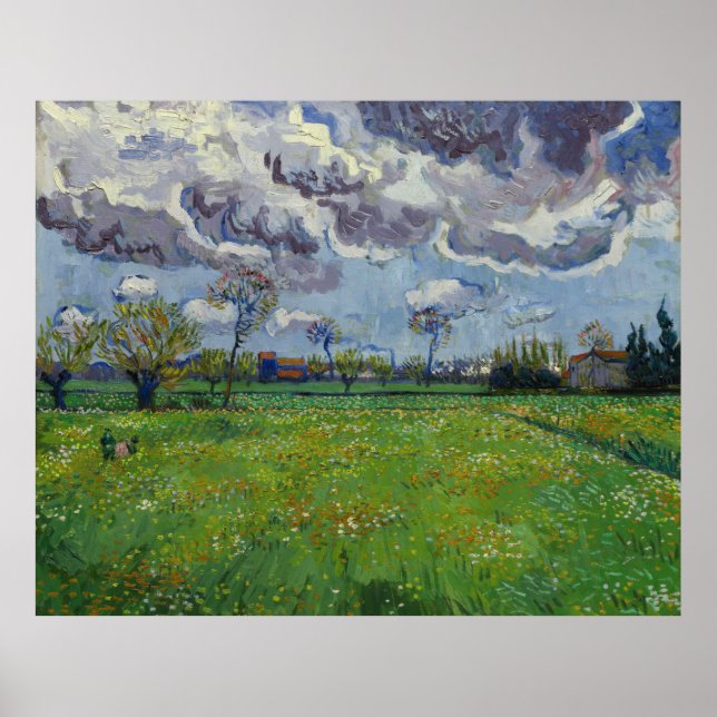 Van Gogh Meadow med blommor under Stormy Himlar Poster (Framsidan)